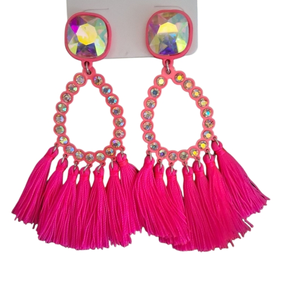 Pink Tassel Fringe Earrings with Gold Accents - Picture 1 of 1